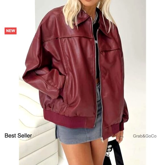 Oversized Faux Leather Bomber Jacket Vintage Motorcycle Chic Boyfriend Fit - Picture 2 of 7